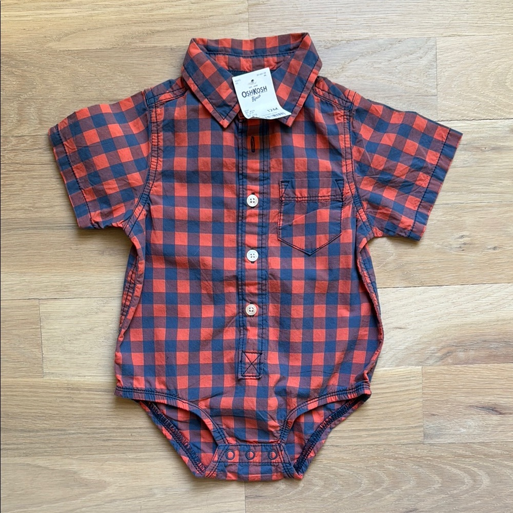 *NWT* OshKosh B’gosh Orange and Blue Checkered Button Up Baby Onesie - Size 12m